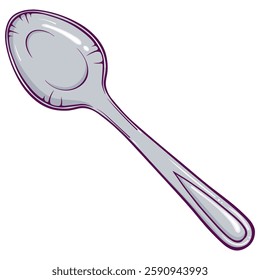 Spoon top view. Stainless steel cutlery. Simple vector color illustration in hand drawn style isolated on white