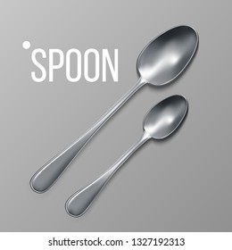 Spoon Vector. Silver Metal Spoon Top View. Restaurant Silverware Tool. Top View. 3D Realistic Illustration