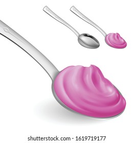 Spoon with Violet Cream Concept of Teaspoon Mockup with Yoghurt or Sour Cream for Healthy Cooking or Baking and Confectionery. Realistic Style Trend Modern Foodie Logotype Graphic