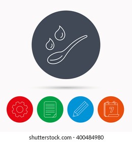 Spoon with water drops icon. Baby medicine dose sign. Child food symbol. Calendar, cogwheel, document file and pencil icons.