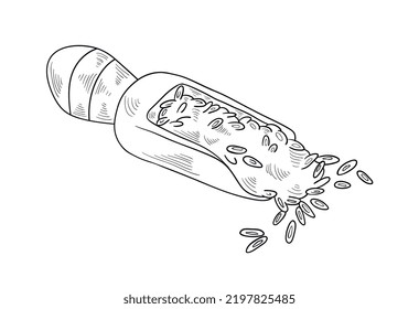 Spoon with wheat. Black and white drawing, sketch. Natural, fresh and organic products. Cooking, bakery and baking. Poster or banner for website with rice or corn. Cartoon flat vector illustration