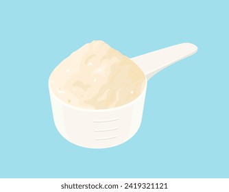 Spoon with whey protein powder isolated on blue background. Vector cartoon flat illustration.