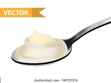 Spoon whipped cream, mayonnaise or white chocolate, realistic 3D style. Teaspoon, tablespoon. Isolated on white background. Vector illustration