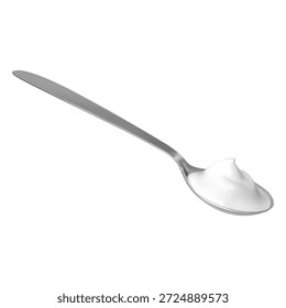Cuchara con yogur. Utensilios de cocina, cubiertos con crema agria o productos lácteos. Vajilla realista del acero inoxidable 3D, cucharadita de plata con la comida. Plantilla de diseño de Vector aislada
