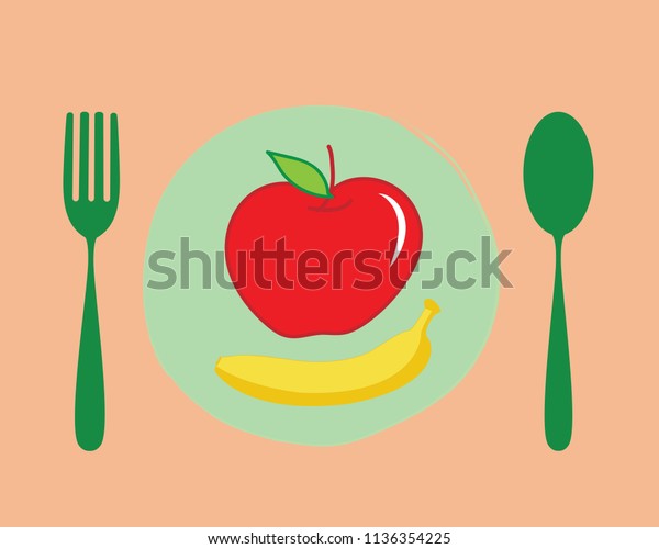 Spoonfork Red Apple Banana On Plate Stock Vector Royalty Free