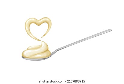 Spoonful of cremy mayonnaise and heart-shaped splash.Vector illustration of white sauce in a realistic style, isolated on white background.