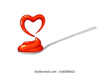 Spoonful of ketchup and heart-shaped splash.Vector illustration of red tomato sauce in a realistic style, isolated on white background.