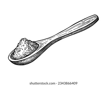 Spoonful of nutmeg powder. Ground spice. Ink sketch isolated on white background. Hand drawn vector illustration. Retro style.