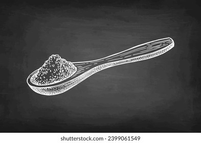 Spoonful of nutmeg powder. Ground spice. Chalk sketch on blackboard background. Hand drawn vector illustration. Retro style.