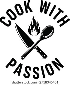 Cucharas cruzadas cocinero con pasión Ilustración vectorial cubertería cocina tipografía concepto de amor de cocina aislado negro en diseño transparente para el chef del restaurante y la insignia de comida