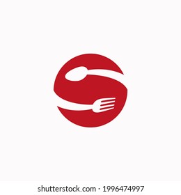 spoons and cutlery in red circles for icons, symbols or logos of restaurants, cafes, or other places to eat