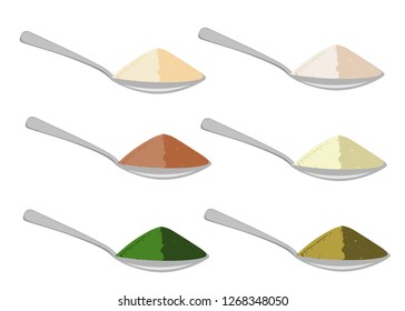 Spoons with differrent sources protein powder. Vector illustration.