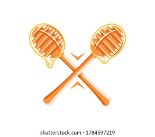 Cucharas con gotas de miel aisladas en fondo blanco. Elemento de diseño para el concepto de miel. Ilustración del vector