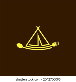 spoons and forks with Camping Tent symbol for dishes Outdoor Menu or Food Restaurant logo design