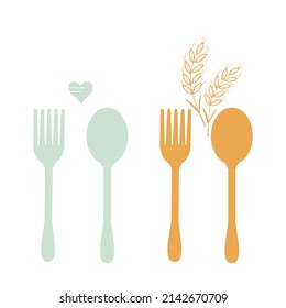 Spoons, forks, heart, rice plant logos isolated on white background vector illustration.