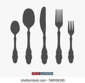 Spoons, forks and knifes flat silhouettes. Vector illustration. Elements for your design works.