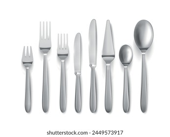 Spoons forks and knives silver metallic tableware for eating set realistic vector illustration. Cutlery metal settings stainless steel classic dinning tool tablespoons and knife kitchen utensil