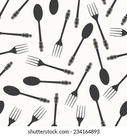 Spoons and forks seamless pattern in black and white