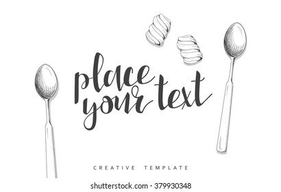 Spoons and marshmallow in the sketch. Conceptual background template for presentations . Realistic outline items. Cutlery. Sweets on the table. Presentation Text
