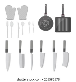 Spoons, pans, knives, kitchen gloves