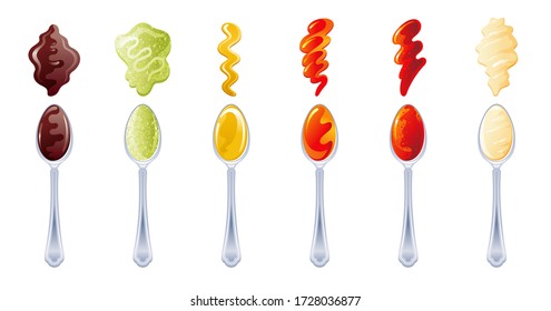 Spoons with sauces, spicy set. Soy sauce, Wasabi, Cheese Mustard, Tomato Ketchup, Hot Chili, Mayonnaise. Spoon and splash drop isolated on white background. Vector cooking illustration collection 