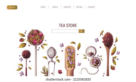 Cucharas y cuchara de té suelto, infusor, tensor. Tienda de té, café-bar, amante del té, fiesta de té, concepto de cocina. Ilustración vectorial para afiches, banner, sitio web, menú, publicidad. 