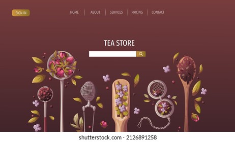 Spoons and scoop of loose tea, infuser, strainer. Tea shop, cafe-bar, tea lover, tea party, kitchen concept. Vector illustration for poster, banner, website, menu, advertising. 