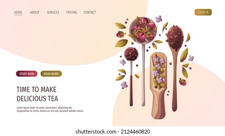 Spoons and scoop of loose tea, ingredients. Tea shop, cafe-bar, tea lover, tea party, kitchen concept. Vector illustration for poster, banner, website, menu, advertising. 