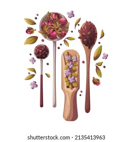 Spoons and scoop of loose tea, ingredients. Tea shop, cafe-bar, tea lover, tea party, kitchen concept. Isolated vector illustration for poster, banner, cover, menu, advertising. 