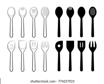 Spoons Set. Line Art Vector Illustration of a set of Spoons and their Silhouettes.