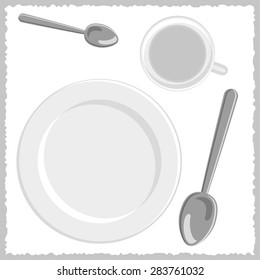 spoons, white plate and cup