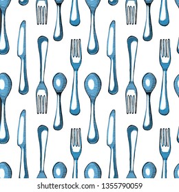 Spoons,knife, fork sketch seamless pattern. Vector illustration. Cutlery set, isolated on the white background.