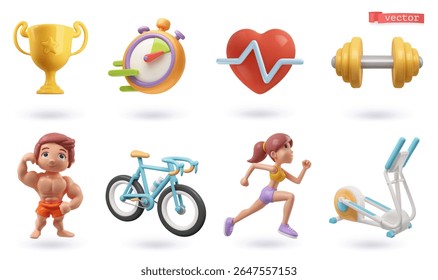 Conjunto de ícones de desenhos animados 3d Sport. Copo dourado, cronômetro, frequência cardíaca, haltere, fisiculturista, bicicleta, corredor, máquina de exercícios