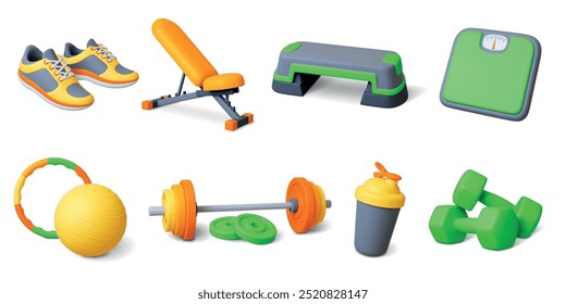 Equipamento 3d desportivo. Halterofilismo e barbell, prensa de bancada, escamas de chão estilo de renderização realista. Bola de fitness e bambolê, tênis, conjunto vetor espinhoso