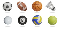 Sport 3D Vector Icon Set.
Soccer Ball,rugby Ball,basketball,shuttlecock,golf Ball,snooker Ball,volleyball,tennis Ball