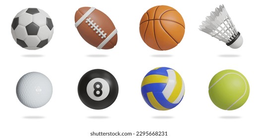 sport 3D vector icon set.
soccer ball,rugby ball,basketball,shuttlecock,golf ball,snooker ball,volleyball,tennis ball