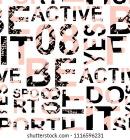 Sport Abstract seamless pattern with grunge textured words, grunge repent element on back side. Repeated backdrop for boy, sport textile, fashion clothes, wrapping paper.