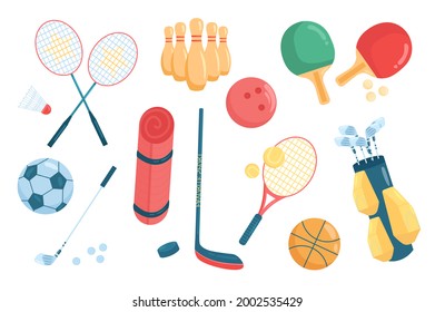 Sport accessories cute elements isolated set. Collection of equipment for playing tennis, badminton, bowling, football, volleyball, golf, hockey, yoga. Vector illustration in flat cartoon design
