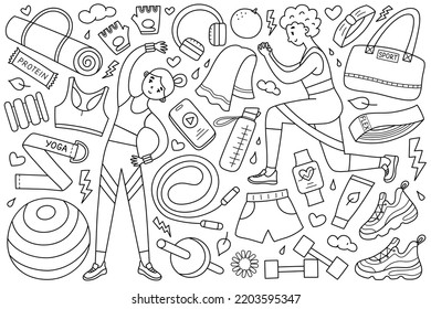 Sport accessories doodle icons, women in sport outfit training, collection of fitness equipment, vector illustrations of mat, dummbells, sportswear, isolated outline clipart on white background