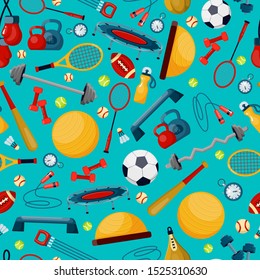 Sport accessories flat vector seamless pattern. Fitness tools cartoon texture. Physical training equipment decorative background. Wallpaper, textile, wrapping paper design with gym symbols