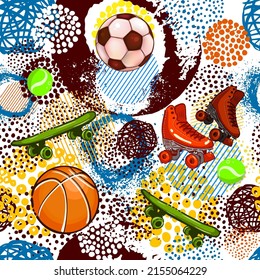Accesorios deportivos de vectores plana sin fisuras. Textura de dibujos animados de herramientas de fitness. Fondo decorativo del equipo de entrenamiento físico. Papel de escritorio, textil, diseño de papel envoltorio con símbolos de gimnasio