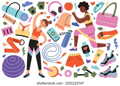 Sport accessories for women, girls in sportswear training, doodle set of fitness equipment, dumbbells vector illustrations, icons for active lifestyle, isolated colored clipart on white background