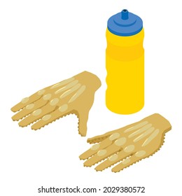 Sport accessory icon isometric vector. Full finger cycling gloves yellow bottle. Cycling hand protection, drinking bottle