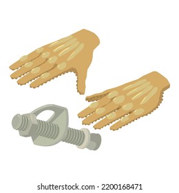 Sport accessory icon isometric vector. Pair cycling gloves, wheel mounting bolt. Cycling hand protection, spare part, bicycle accessory