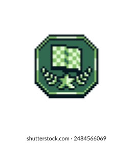 Sport achievement pixel art icon, checkered flag emblem, design for logo, web, mobile app. Game tournament. 8-bit. Game assets. Isolated abstract vector illustration.