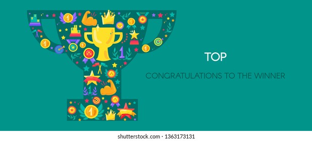 Sport achievement, victory vector banner. Trophy shape with flat symbols. Success, triumph