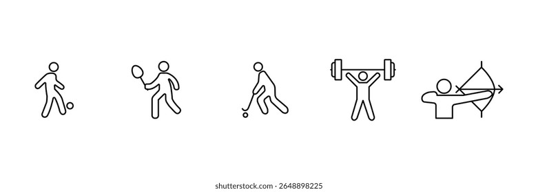 Sport action icon set with player athlete movement tennis hockey lifting archery outline vector illustration for competition and fitness game.