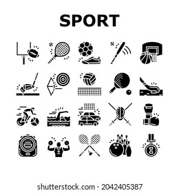 Sport Active Competitive Game Icons Set Vector. Basketball And Volleyball, Soccer And Rugby, Tennis And Badminton Sport Line. Archery, Baseball And Bowling Glyph Pictograms Black Illustrations