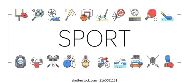 Sport Active Competitive Game Icons Set Vector. Basketball And Volleyball, Soccer And Rugby, Tennis And Badminton Sport Line. Archery, Baseball And Bowling Playing Player Color Illustrations