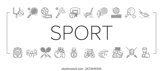 Deporte Activo Competitivo Juego Iconos Set Vector. Baloncesto Y Voleibol, Fútbol Y Rugby, Tenis Y Badminton Sport Line. Tiro Con Arco, Béisbol Y Boliche Jugando Ilustraciones De Contorno Negro Jugador